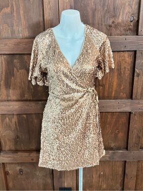 Sequin Wrap Mini Dress in Gold
